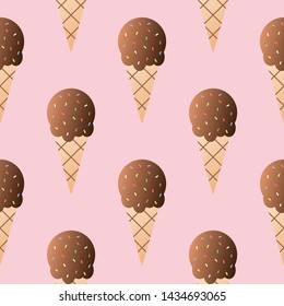 Chocolate ice-cream seamless pattern vector illustration. Ice cream in a waffle cup seamless background, pattern for textile, fabric, wrapping paper, wallpaper, packaging. Vector EPS 10.