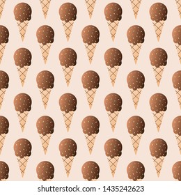 Chocolate ice-cream seamless pattern vector illustration. Ice cream ball in a waffle cup seamless background, pattern for textile, fabric, wrapping paper, wallpaper, packaging. Vector EPS 10.