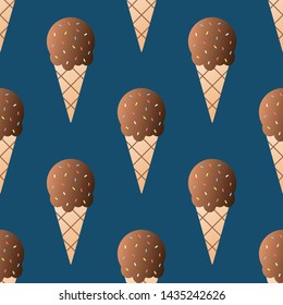 Chocolate ice-cream seamless pattern vector illustration. Ice cream ball in a waffle cup seamless background, pattern for textile, fabric, wrapping paper, wallpaper, packaging. Vector EPS 10.