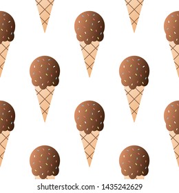 Chocolate ice-cream seamless pattern vector illustration. Ice cream ball in a waffle cup seamless background, pattern for textile, fabric, wrapping paper, wallpaper, packaging. Vector EPS 10.