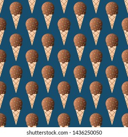 Chocolate ice-cream seamless pattern vector illustration. Ice cream ball in a waffle cup seamless background, pattern for textile, fabric, wrapping paper, wallpaper, packaging. Vector EPS 10.