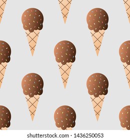 Chocolate ice-cream seamless pattern vector illustration. Ice cream ball in a waffle cup seamless background, pattern for textile, fabric, wrapping paper, wallpaper, packaging. Vector EPS 10.