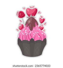 chocolate icing cake with hearts and lollipop