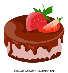 Soufflé with chocolate icing and strawberries. Dessert. Food. Vector flat illustration.