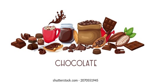 Chocolate icon horizontal banner Candy, Cocoa Beans, popsicle, Chips, Chocolate Bar, spred and ets for confectionery products shop. Vector illustration.