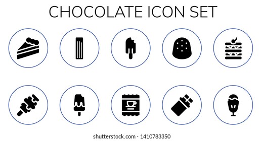 chocolate icon set. 10 filled chocolate icons.  Collection Of - Cake, Ice cream, Churros, Popsicle, Coffee, Gumdrop, Chocolate, Waffle, Sundae