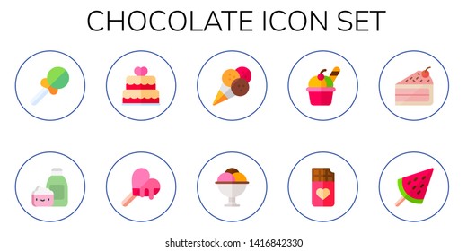 chocolate icon set. 10 flat chocolate icons.  Collection Of - candy, cream, wedding cake, ice cream, chocolate bar, cake slice