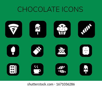 chocolate icon set. 12 filled chocolate icons. Included Crepe, Ice cream, Biscuit, Chocolate, Muffin, Cake, Candy, Cookie icons