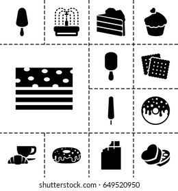 Chocolate icon. set of 13 filled chocolate icons such as cookies, ice cream on stick, donut, coffee and croissant, fountain, muffin, sweet box, chocolate, cake