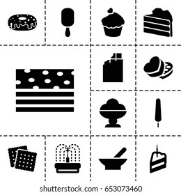 Chocolate icon. set of 13 filled chocolateicons such as bowl, cookies, ice cream on stick, donut, fountain, muffin, sweet box, piece of cake, ice cream, chocolate