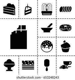 Chocolate icon. set of 13 filled chocolateicons such as bowl, ice cream on stick, donut, coffee and croissant, fountain, muffin, piece of cake, cookie, ice cream, chocolate
