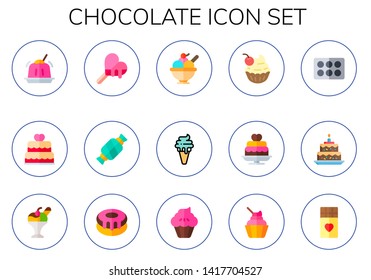chocolate icon set. 15 flat chocolate icons.  Simple modern icons about  - jelly, wedding cake, ice cream, candy, cupcake, cake, donut, muffin