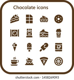 chocolate icon set. 16 filled chocolate icons.  Simple modern icons about  - Cake, Chocolate, Doughnut, Candy, Coffee, Ice cream, Popsicle, Crepe