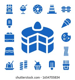 chocolate icon set. 17 filled chocolate icons. Included Chocolate, Popsicle, fudge, Cake, Candy, Ice cream, Cookie, Liquorice, Jelly, Marshmallow, Donut, Coffee icons