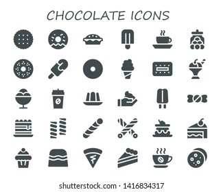 chocolate icon set. 30 filled chocolate icons.  Simple modern icons about  - Biscuit, Doughnut, Cake, Popsicle, Coffee, Candy jar, Donut, Ice cream, Jelly, Cream, Candy shop, Tiramisu