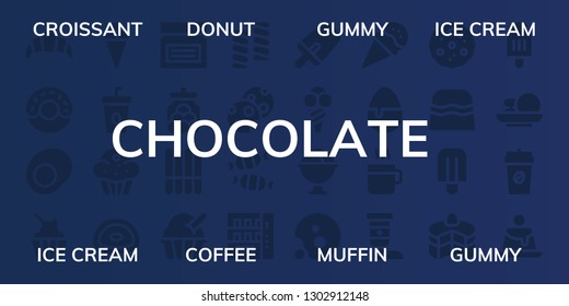  chocolate icon set. 32 filled chocolate icons. on blue background style Simple modern icons about  - Croissant, Donut, Gummy, Ice cream, Coffee, Muffin, Cream, Candy jar, Cookie