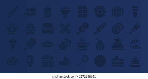 chocolate icon set. 32 filled chocolate icons. on blue background style Collection Of - Stick candy, Coffee, Ice cream, Gummy, Cakes, Candy jar, Popsicle, Candy, Cake, shop