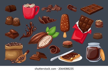 Juego de iconos de chocolate. Velas, frijoles de cacao, palas, chile, chocolate Bar, ungüentos y repostería para la tienda de productos de pastelería. Ilustración vectorial.