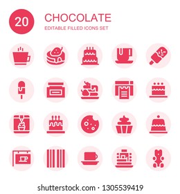 chocolate icon set. Collection of 20 filled chocolate icons included Coffee, Pancake, Birthday cake, Chocolate, Ice cream, Cream, Waffle, Cookies, Cake, Cookie, Cupcake, Dessert