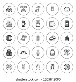 Chocolate icon set. collection of 25 outline chocolate icons with biscuit, cake, candy, chocolate, cupcake, cookie, doughnut, ice cream, irish coffee icons. editable icons.