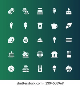 chocolate icon set. Collection of 25 filled chocolate icons included Cupcake, Ice cream, Chocolate, Macarons, Biscuit, bar, Coffee, Waffle, Cake slice, Cookie, Pudding