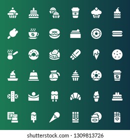 chocolate icon set. Collection of 36 filled chocolate icons included Chocolate bar, Cream, Ice cream, Coffee, Birthday cake, Croissant, Concave, Gum, Doughnut, Cupcake