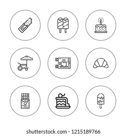 Chocolate icon set. collection of 9 outline chocolate icons with candy, cake, chocolate, coffee, croissant icons. editable icons.