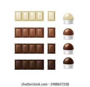 Chocolate icon set. Realistic chocolate bars, pieces and candies various types: dark, milk and white. Food dessert sweet cocoa snack collection. 3d vector illustration