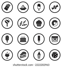 Chocolate Icons. Black Flat Design In Circle. Vector Illustration.