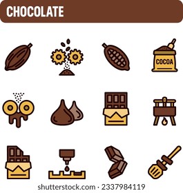 Iconos de chocolate. Juego de vectores de fabricación de chocolate. Diseño de iconos de color. Cacao