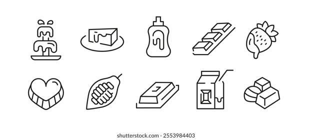 Chocolate icons. Set of 10 chocolate trendy minimal icons. Example: Cocoa bean, Chocolate bar, Chocolate chip cookie icon. Design signs for web page, mobile app, packaging design. Vector illustration