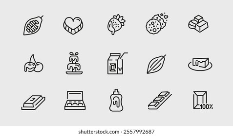 Chocolate icons. Set of 15 chocolate trendy minimal icons. Example: Cocoa bean, Chocolate bar, Chocolate chip cookie icon. Design signs for web page, mobile app, packaging design. Vector illustration