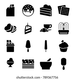 Chocolate icons. set of 16 editable filled chocolate icons such as cookies, chocolate, cake, ice cream on stick, donut, coffee and croissant, piece of cake, fountain, muffin