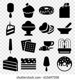 Chocolate icons set. set of 16 chocolate filled icons such as bowl, cookies, ice cream on stick, donut, coffee and croissant, fountain, muffin, sweet box, piece of cake