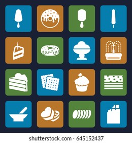 Chocolate icons set. set of 16 chocolate filled icons such as bowl, cookies, ice cream on stick, donut, fountain, muffin, sweet box, piece of cake, cookie, ice cream