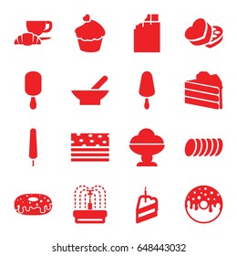 Chocolate icons set. set of 16 chocolate filled icons such as bowl, ice cream on stick, donut, coffee and croissant, fountain, muffin, sweet box, piece of cake, cookie