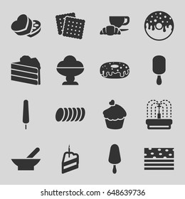 Chocolate icons set. set of 16 chocolate filled icons such as bowl, cookies, ice cream on stick, donut, coffee and croissant, fountain, muffin, sweet box, piece of cake