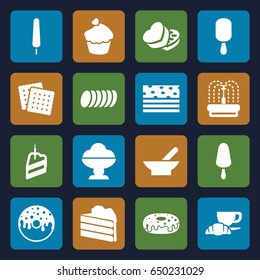 Chocolate icons set. set of 16 chocolate filled icons such as bowl, cookies, ice cream on stick, donut, coffee and croissant, fountain, muffin, sweet box, piece of cake