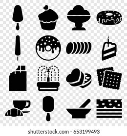 Chocolate icons set. set of 16 chocolate filled icons such as bowl, cookies, ice cream on stick, donut, coffee and croissant, fountain, muffin, sweet box, piece of cake
