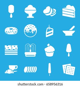 Chocolate icons set. set of 16 chocolate filled icons such as bowl, cookies, ice cream on stick, donut, coffee and croissant, fountain, muffin, sweet box, piece of cake