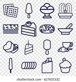 Chocolate icons set. set of 16 chocolate outline icons such as bowl, cookies, ice cream on stick, donut, coffee and croissant, fountain, muffin, sweet box, piece of cake