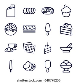Chocolate icons set. set of 16 chocolate outline icons such as bowl, cookies, ice cream on stick, donut, coffee and croissant, muffin, sweet box, piece of cake, cookie