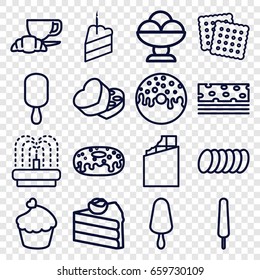 Chocolate icons set. set of 16 chocolate outline icons such as cookies, ice cream on stick, donut, coffee and croissant, fountain, muffin, sweet box, piece of cake, cookie