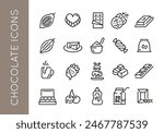 Chocolate icons. Set of 20 chocolate trendy minimal icons. Example: Cocoa bean, Chocolate bar, Chocolate chip cookie icon. Design signs for web page, mobile app, packaging design. Vector illustration