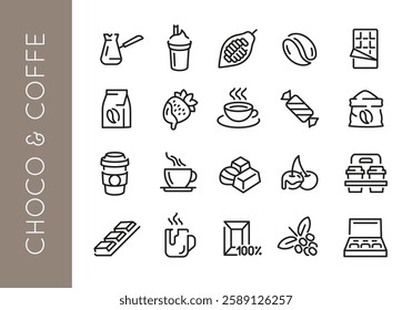 Chocolate icons. Set of 20 chocolate trendy minimal icons. Example: Cocoa bean, Chocolate bar, Coffee and cookie icon. Design signs for web page, mobile app, packaging design. Vector illustration