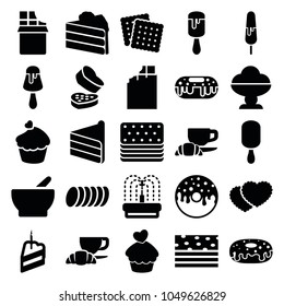 Chocolate icons. set of 25 editable filled chocolate icons such as cookies, chocolate, ice cream, cake, ice cream on stick, donut, coffee and croissant, piece of cake