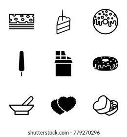 Chocolate icons. set of 9 editable filled and outline chocolate icons such as ice cream on stick, donut, bowl, piece of cake, sweet box, cookies