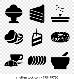 Chocolate icons. set of 9 editable filled chocolate icons such as ice cream, donut, coffee and croissant, sweet box, piece of cake, cookie, bowl, cake