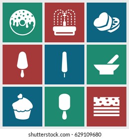 Chocolate icons set. set of 9 chocolate filled icons such as bowl, ice cream on stick, donut, fountain, muffin, sweet box