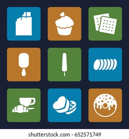 Chocolate icons set. set of 9 chocolate filled icons such as cookies, ice cream on stick, donut, coffee and croissant, muffin, sweet box, cookie